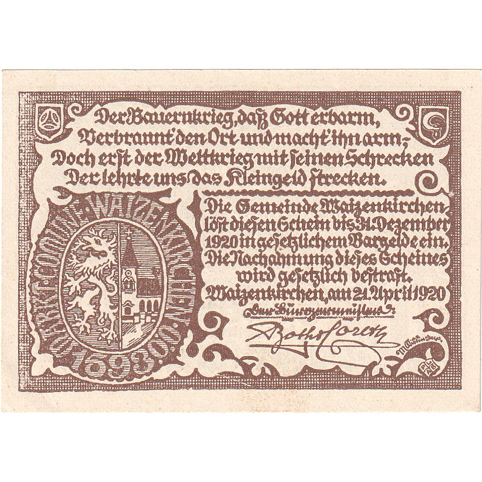 Autriche, Waizenkirchen, 10 Heller, château 1920-12-31, SPL, Mehl:FS 1128a