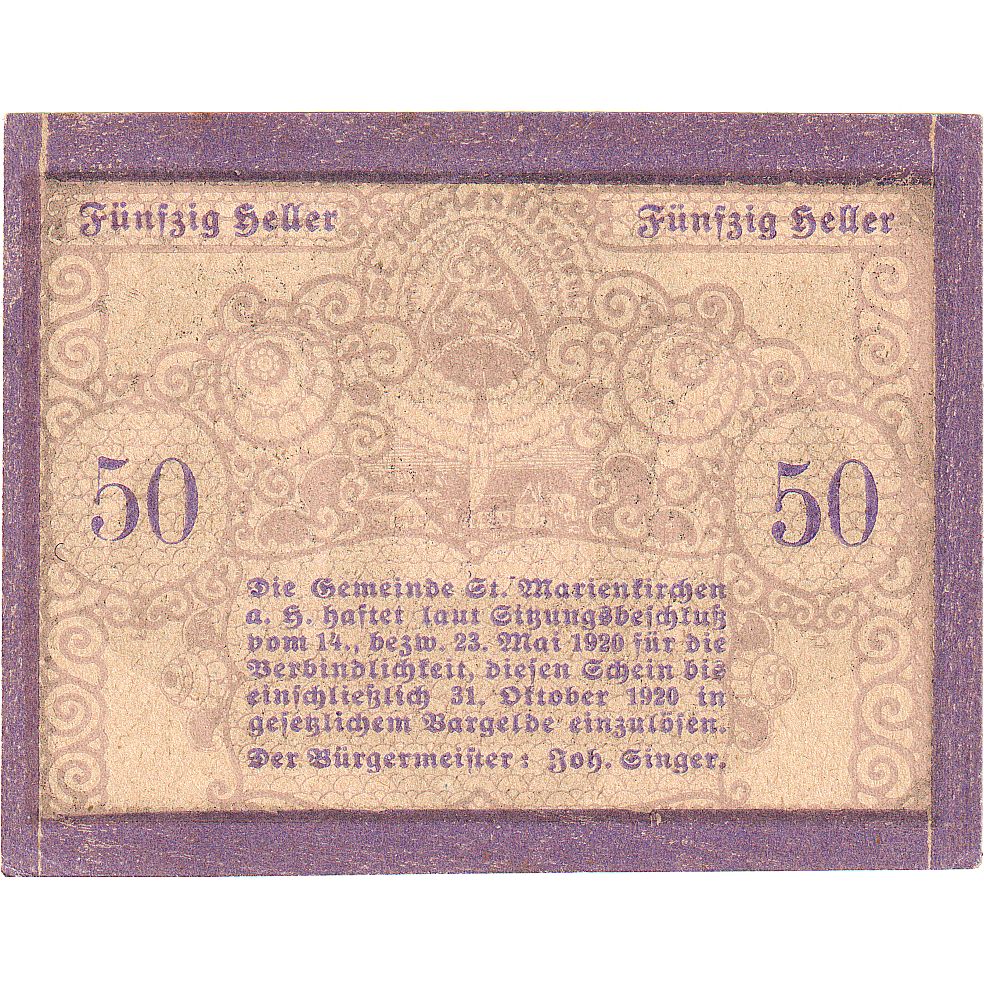 Austria, Marienkirchen, 50 Heller, portrait, 1920, 1920-10-31, SC, Mehl:FS 908