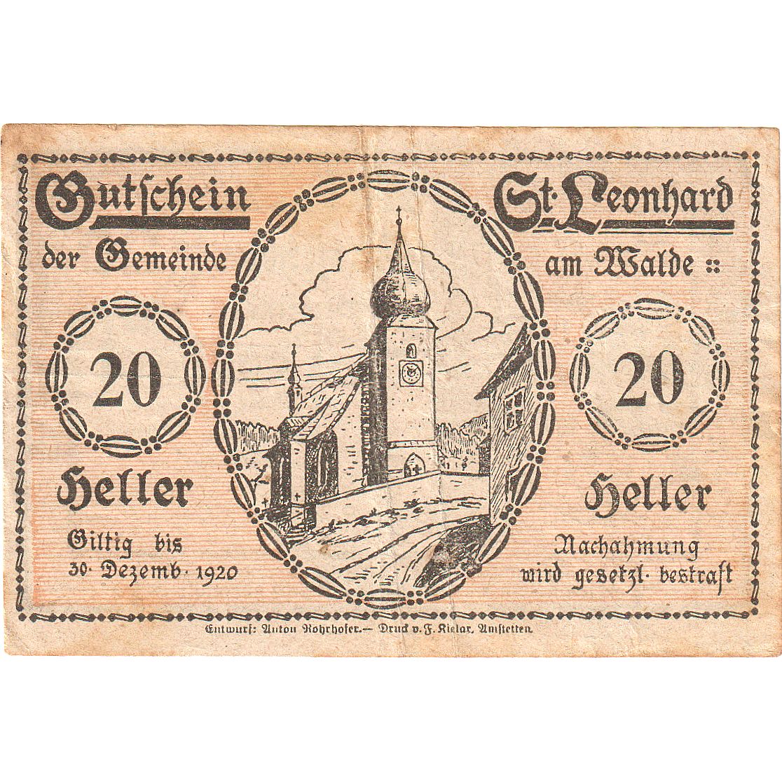 Austria, St Leonhard, 20 Heller, Eglise, 1920, 1920-12-30, MBC, Mehl:FS 902a