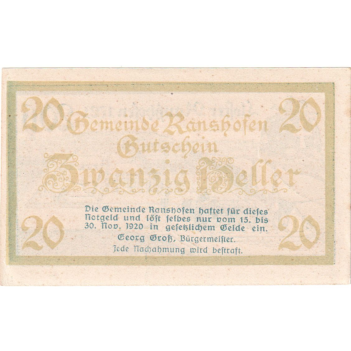 Austria, Ranshofen, 20 Heller, château, 1920, 1920-11-30, SC, Mehl:FS 819Aa