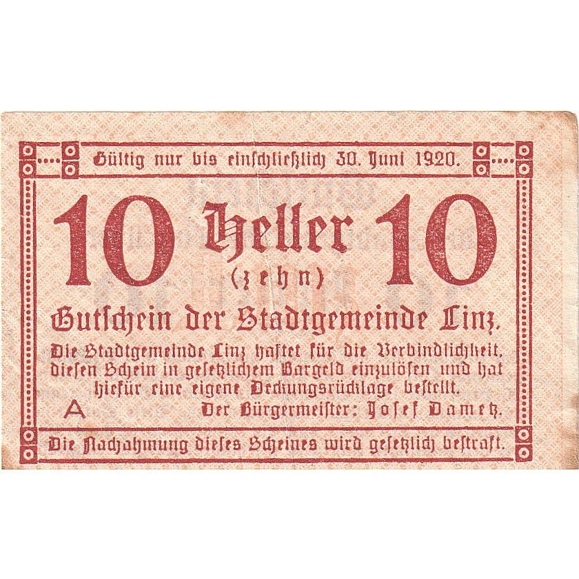 Austria, Linz, 10 Heller, Texte, 1920, 1920-06-30, MBC, Mehl:FS 529a