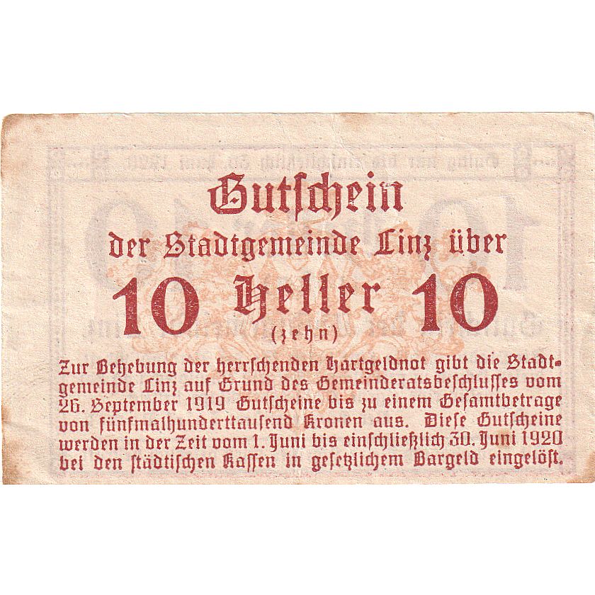 Austria, Linz, 10 Heller, Texte, 1920, 1920-06-30, MBC, Mehl:FS 529a