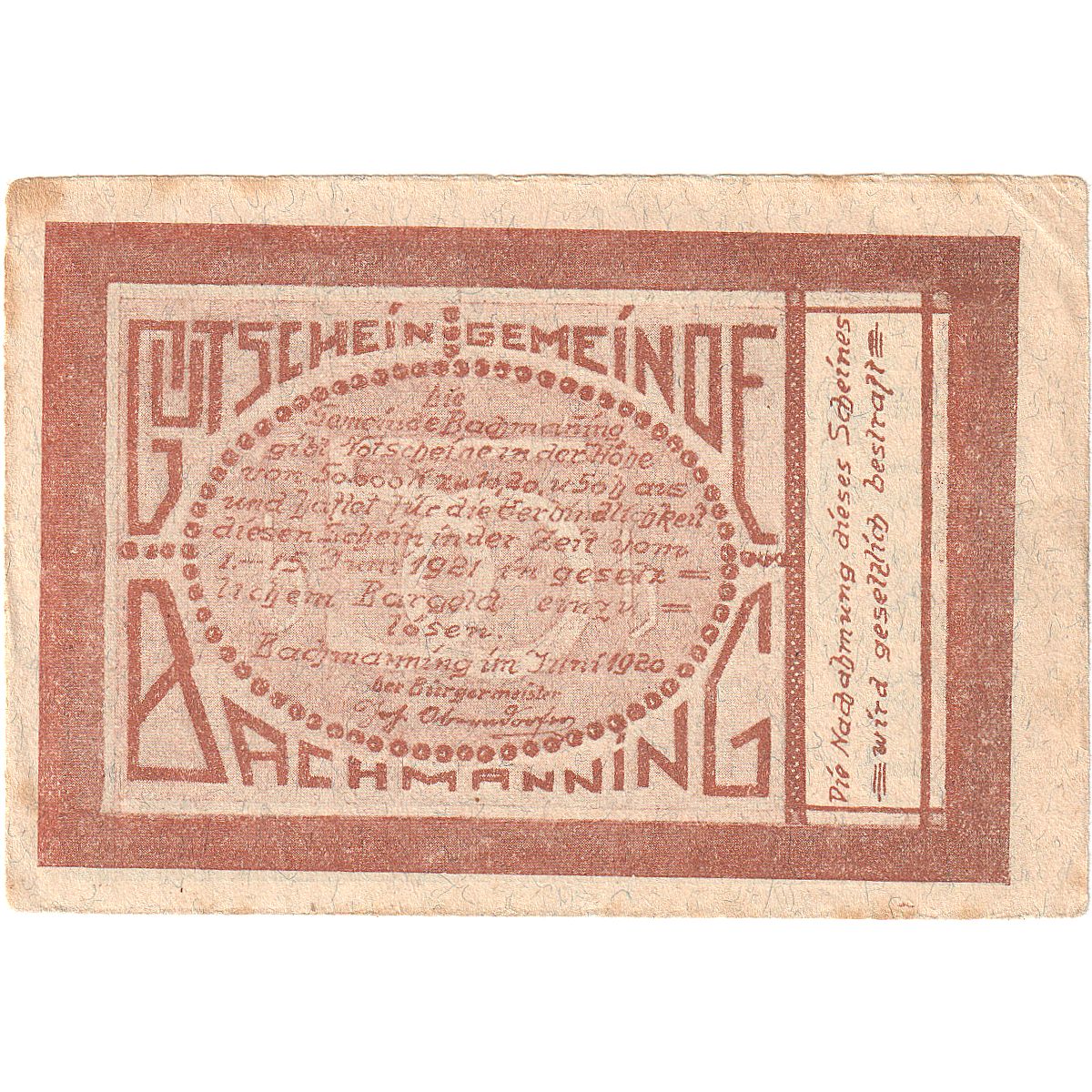 Austria, Bachmanning, 50 Heller, Eglise, 1921, 1921-06-15, EBC, Mehl:FS 72Ia
