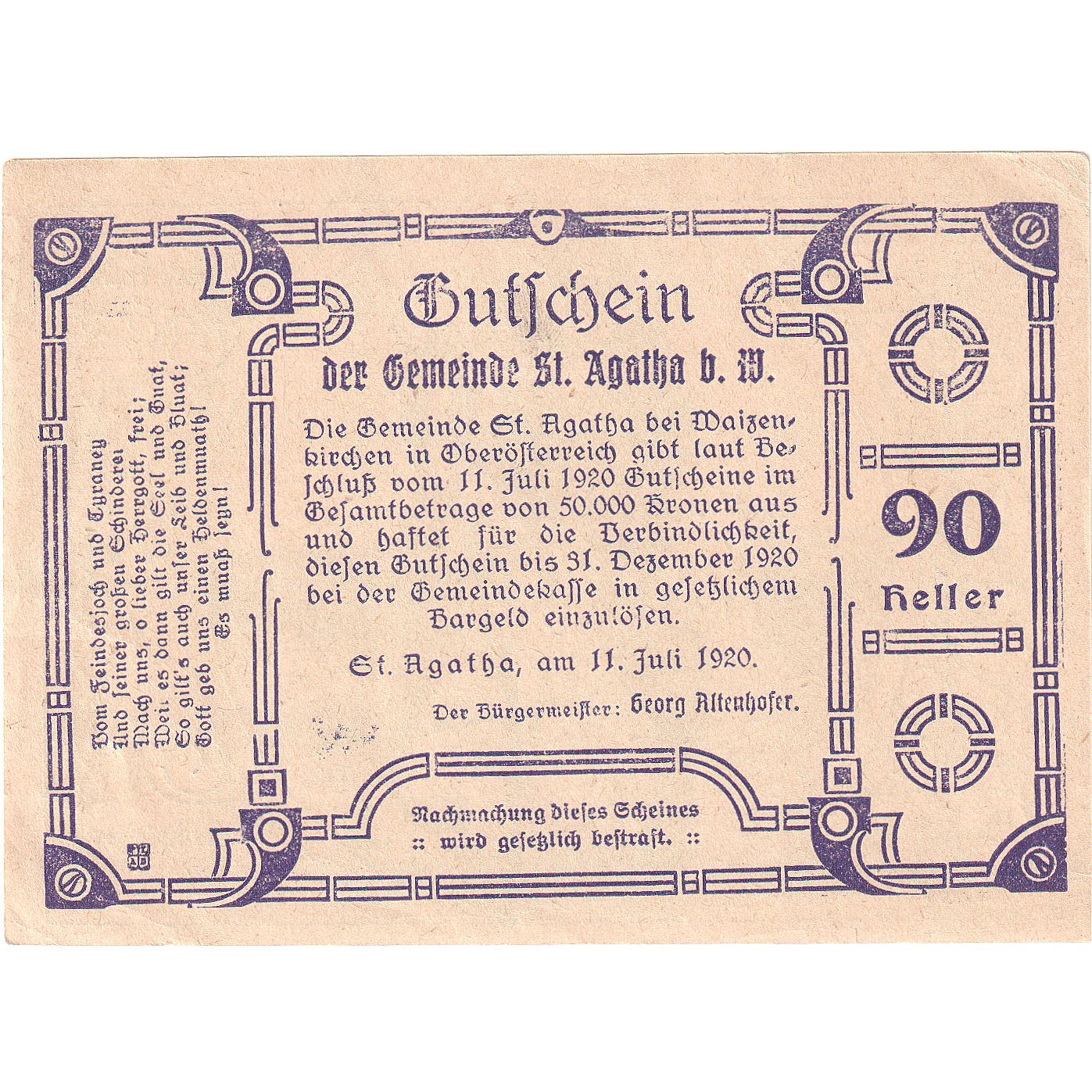 Austria, St Agatha, 90 Heller, personnage 1920-12-31, SPL Mehl:FS 877IIa1