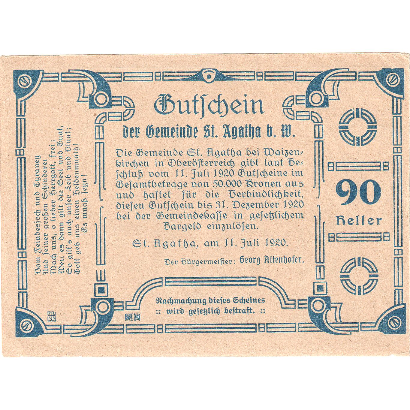 Austria, St Agatha, 90 Heller, portrait, 1920, 1920-12-31, EBC+, Mehl:FS 877IIa1