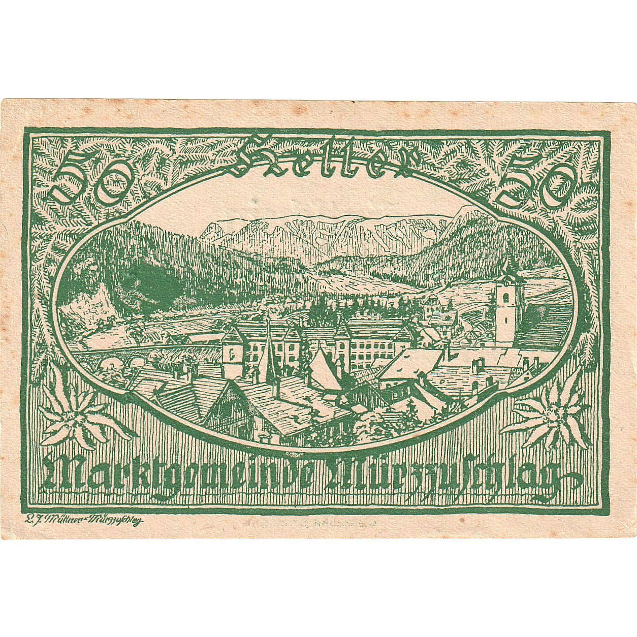 Autriche, Mürzzuschlag, 50 Heller, paysage 1920-08-18, SUP+, Mehl:FS 639c