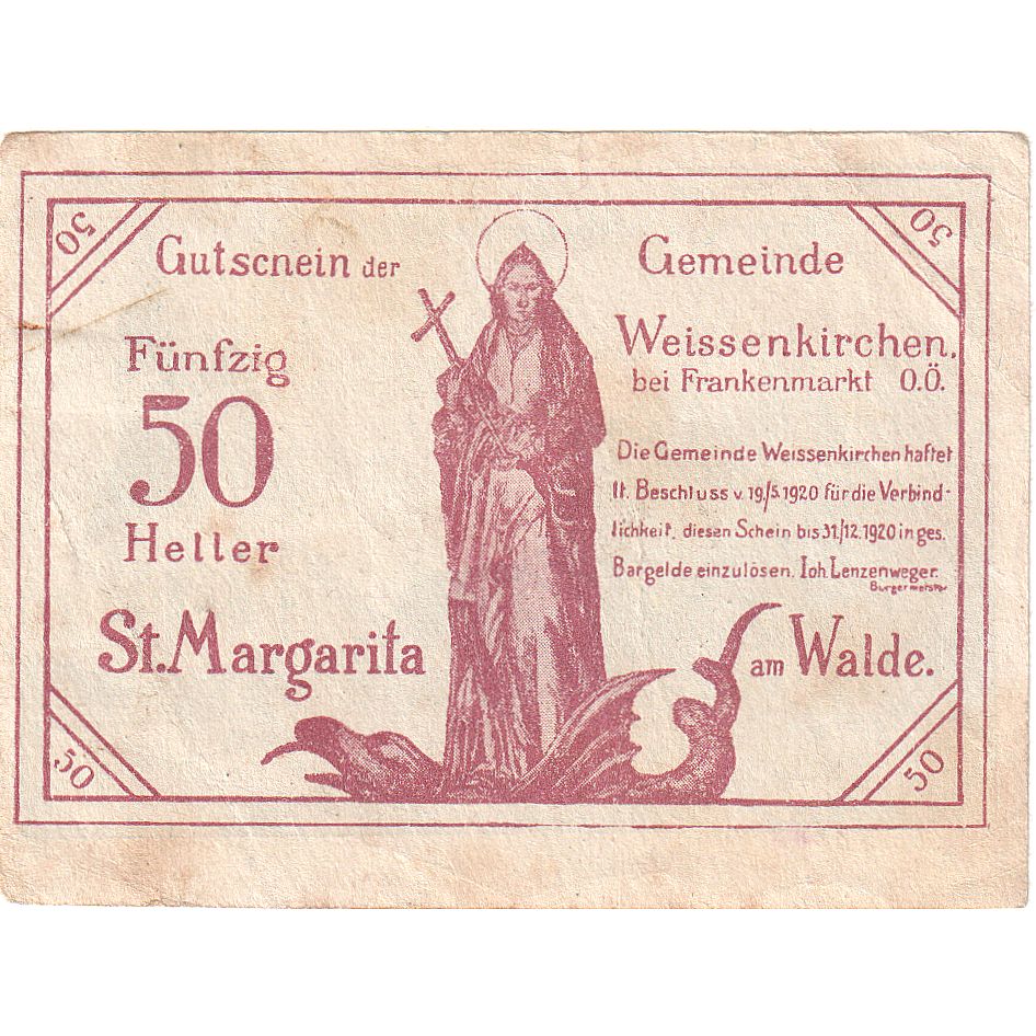 Austria, Weissenkirchen, 50 Heller, personnage 1920-12-31, BB Mehl:FS 1157I