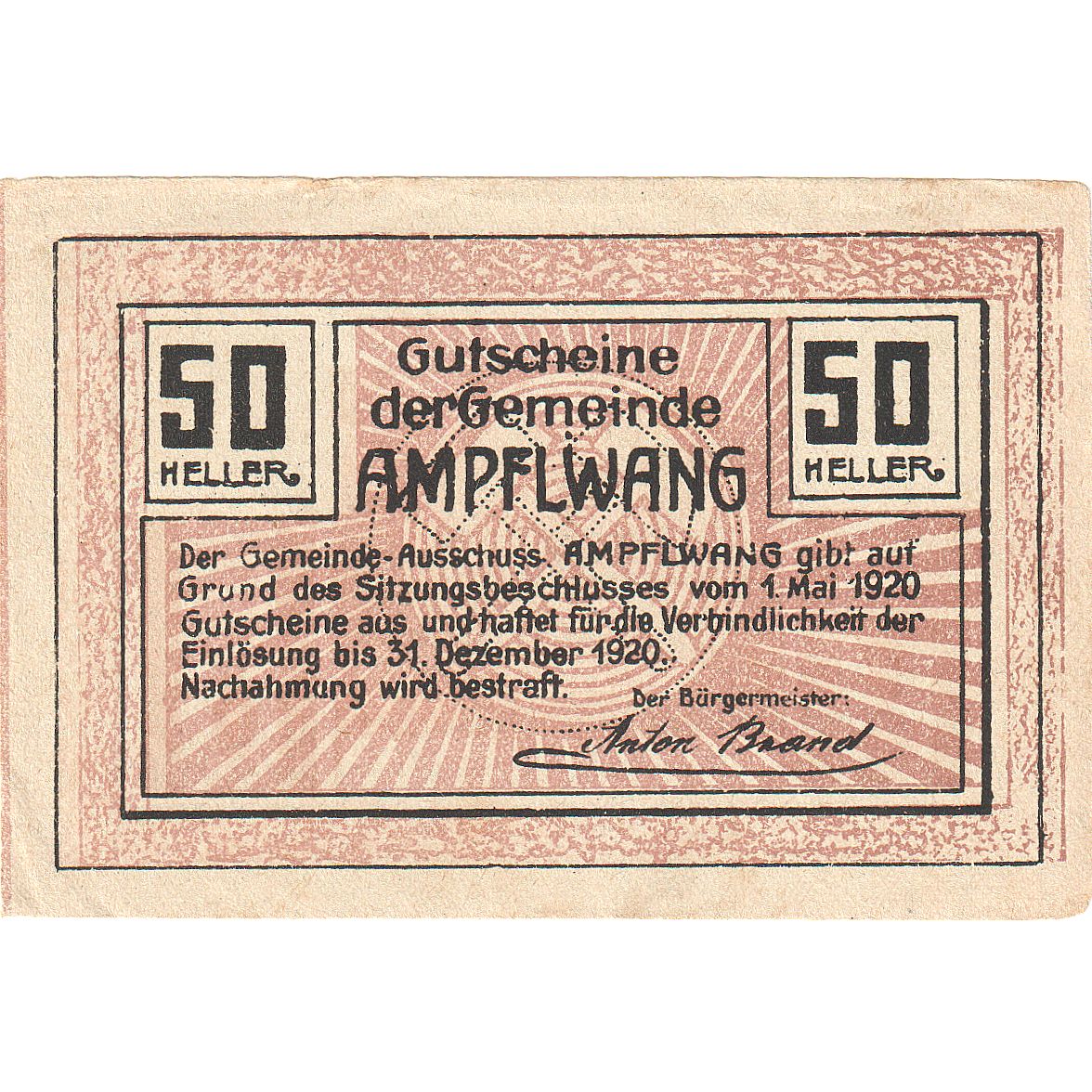 Austria, Ampflwang, 50 Heller, village, 1920, 1920-12-31, SPL-, Mehl:FS 36a