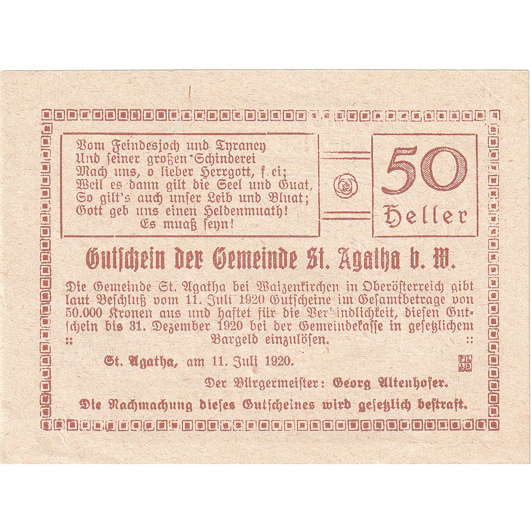 Autriche, St Agatha, 50 Heller, lac, 1920, 1920-12-31, SUP+, Mehl:FS 877IIb2