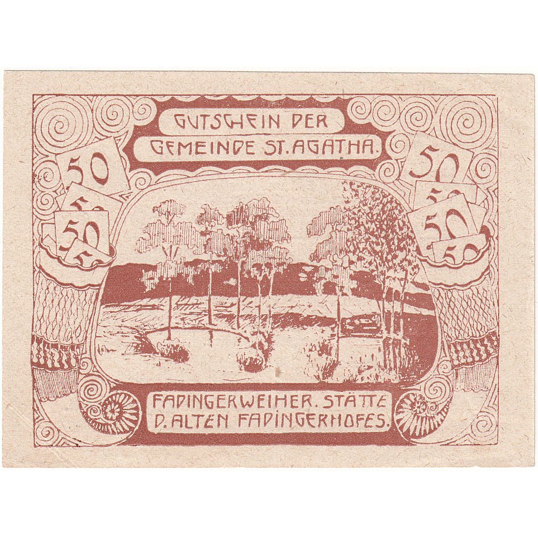 Autriche, St Agatha, 50 Heller, lac, 1920, 1920-12-31, SUP+, Mehl:FS 877IIb2