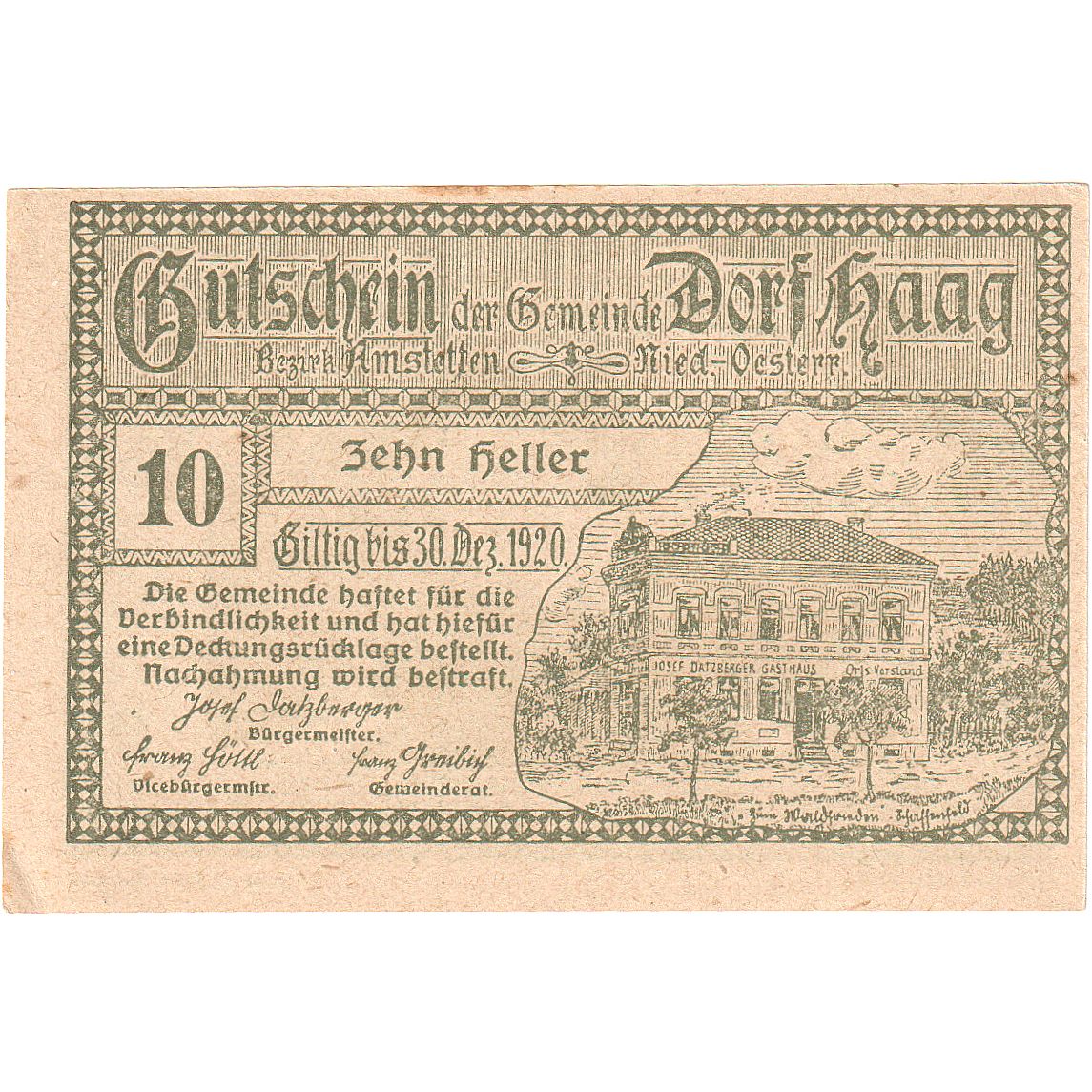 Autriche, Dorf Haag, 10 Heller, manoir, 1920, 1920-12-30, SPL, Mehl:FS 317c