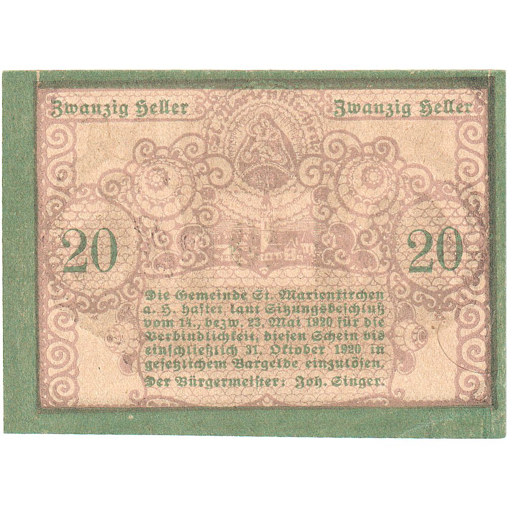 Österreich, Marienkirchen, 20 Heller, portrait 1920-10-31, UNZ-, Mehl:FS 908