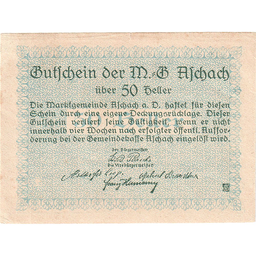 Österreich, Aschach, 50 Heller, déesse, 1920, VZ, Mehl:FS 53IIb18