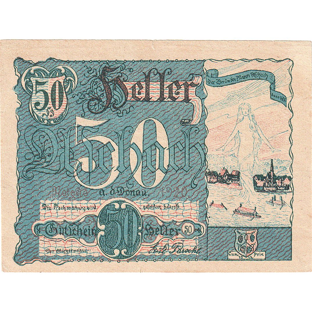 Österreich, Aschach, 50 Heller, déesse, 1920, VZ, Mehl:FS 53IIb18