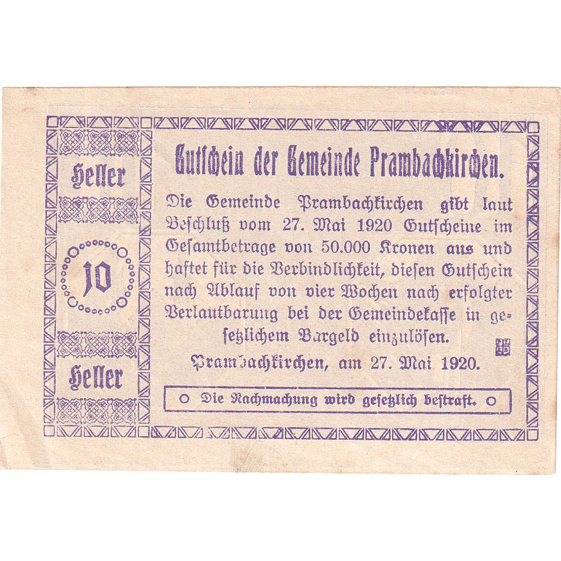 Autriche, Prambachkirchen, 10 Heller, Eglise, 1920, SUP+, Mehl:FS 779a
