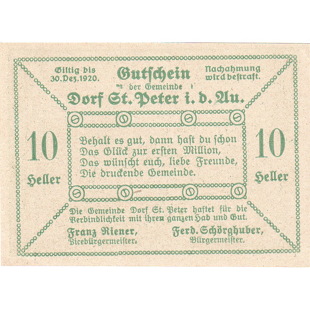 Austria, Dorf St Peter, 10 Heller, Texte, 1920, 1920-12-30, SC, Mehl:FS 923Aa