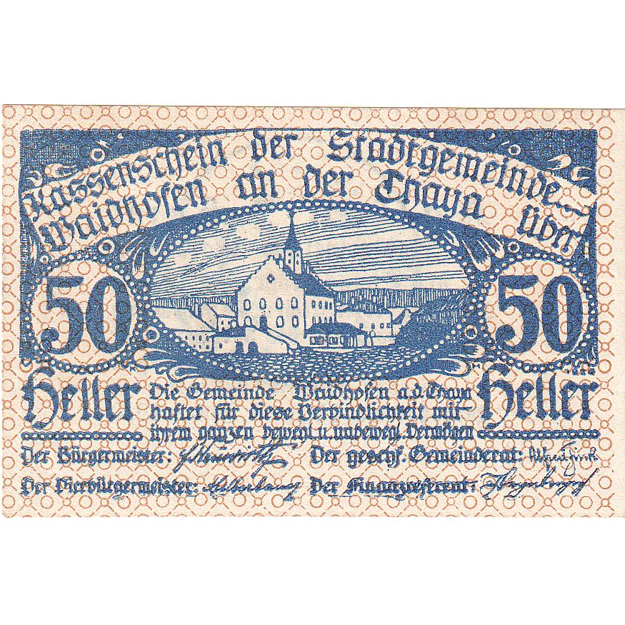 Oostenrijk, Waidhofen an der Thaya, 50 Heller, Eglise, 1920 SPL Mehl:FS 1125Ib