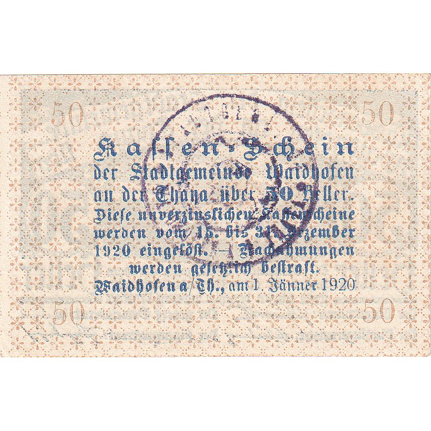 Oostenrijk, Waidhofen an der Thaya, 50 Heller, Eglise, 1920 SPL Mehl:FS 1125Ib
