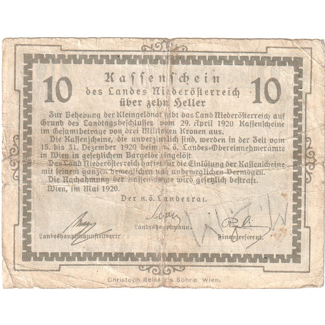 Österreich, Niederösterreich, 10 Heller, paysage 1920-12-31, S, Mehl:FS 671I