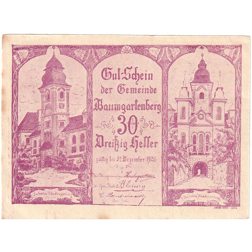 Autriche, Baumgartenberg, 30 Heller, Eglise, 1920, SUP, Mehl:FS 79a
