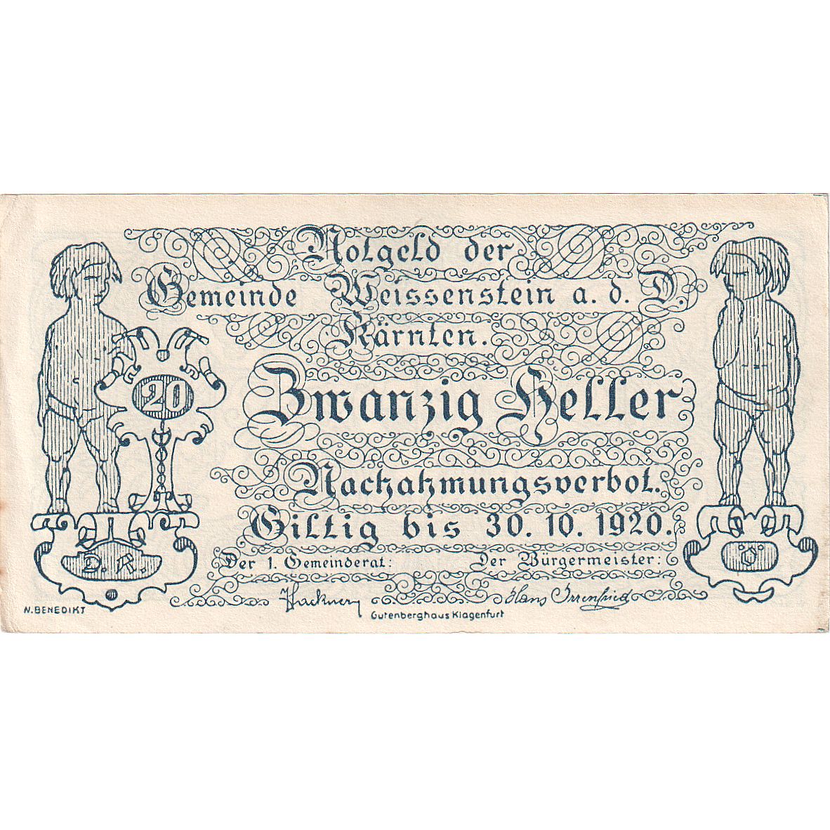 Austria, Weissenstein, 20 Heller, personnage 1920-10-30, SC Mehl:FS 1159a