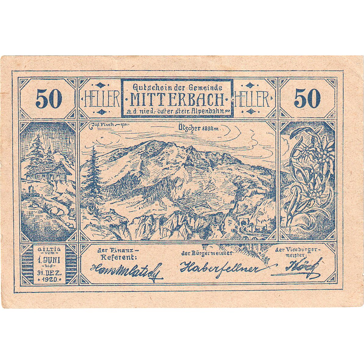 Austria, Mitterbach, 50 Heller, montagne, 1920, 1920-12-31, EBC, Mehl:FS 618a