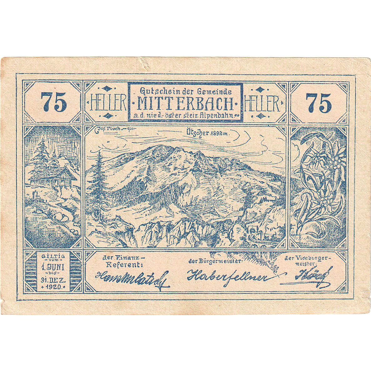 Austria, Mitterbach, 75 Heller, paysage, 1920, 1920-12-31, EBC+, Mehl:FS 618a