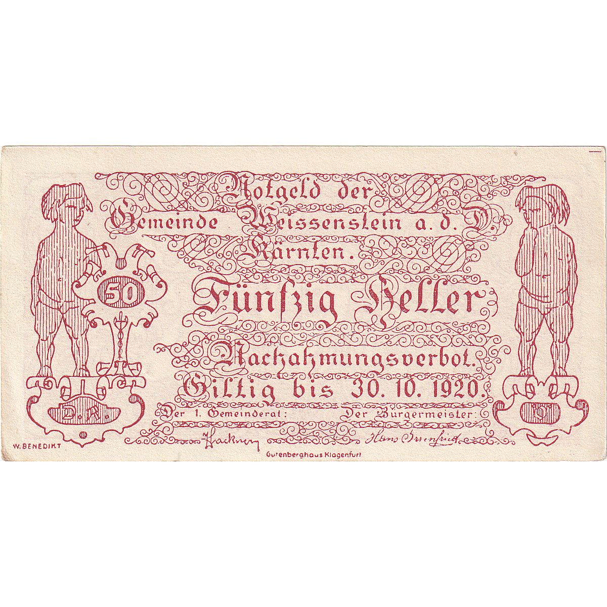 Austria, Weissenstein, 50 Heller, Texte 1920-10-30, UNC(60-62) Mehl:FS 1159a