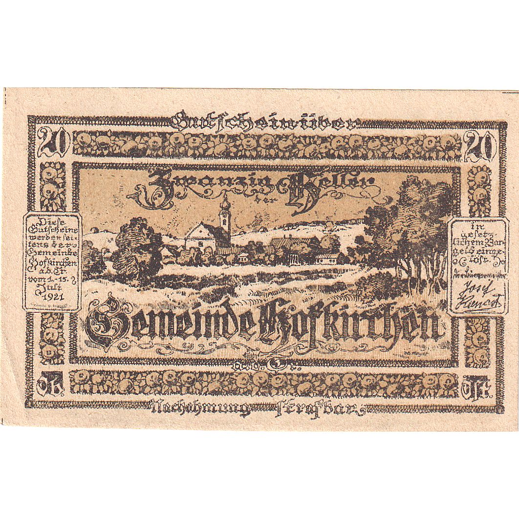 Autriche, Hofkirchen, 20 Heller, Blason, 1921, 1921-07-15, SPL, Mehl:FS 385a