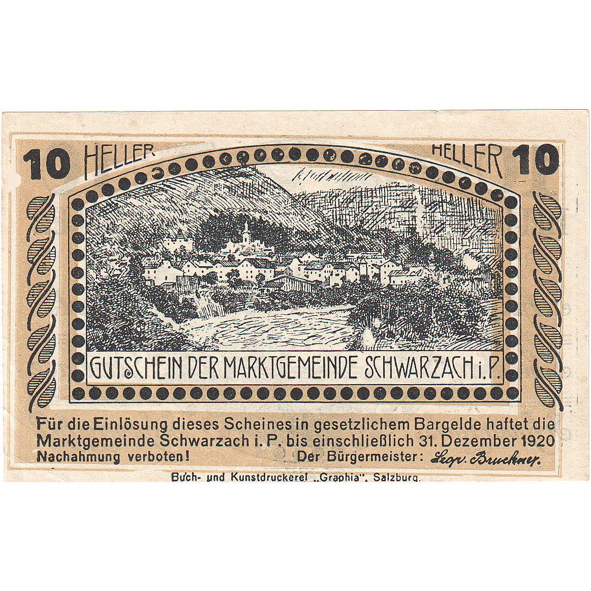 Oostenrijk, Schwarzach, 10 Heller, monastère 1920-12-31, SPL, Mehl:FS 978