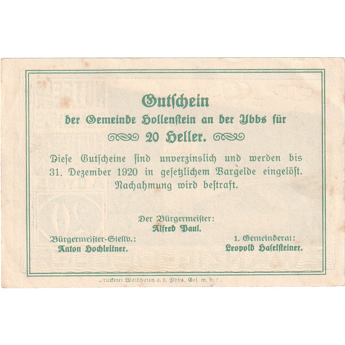 Autriche, Hollenstein, 20 Heller, pont, 1920, 1920-12-31, SUP, Mehl:FS 395a