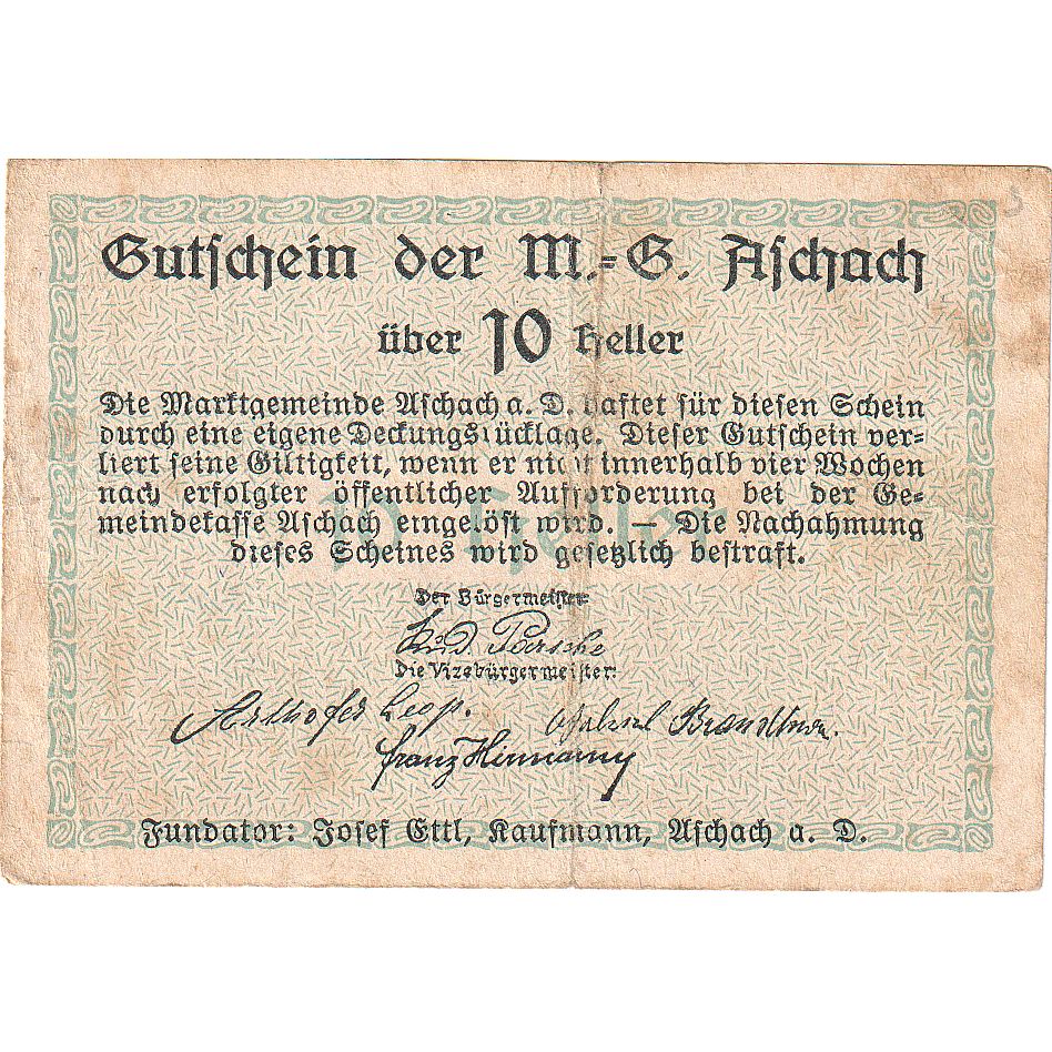 Oostenrijk, Aschach, 10 Heller, Blason, 1920, TB, Mehl:FS 53IIb01
