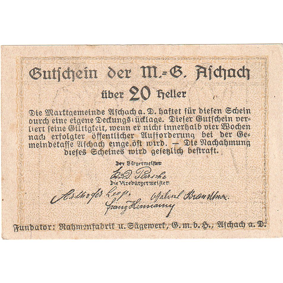 Austria, Aschach, 20 Heller, Blason, 1920, EBC+, Mehl:FS 53IIb01