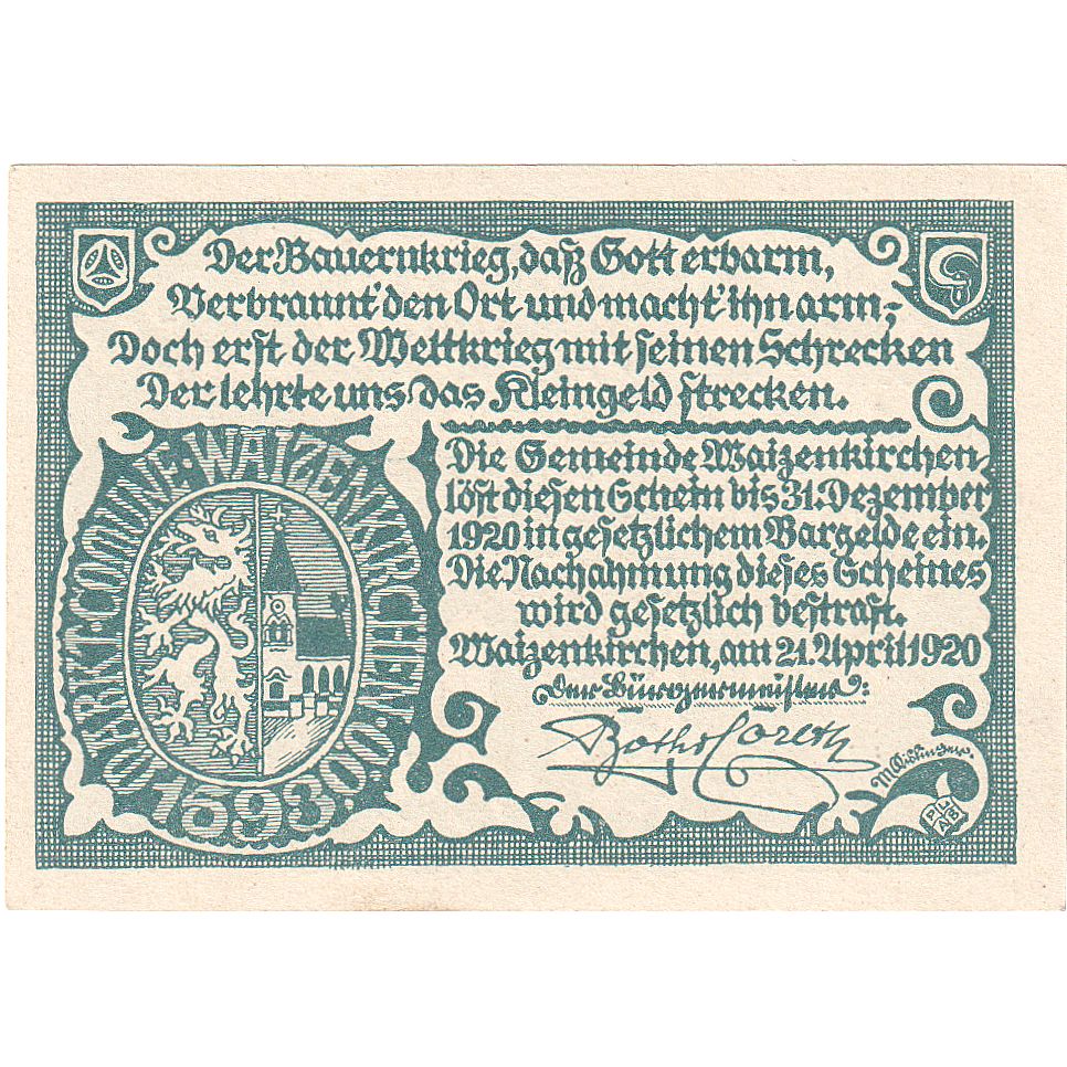 Austria, Waizenkirchen, 20 Heller, village, 1920, 1920-12-31, SC, Mehl:FS 1128a