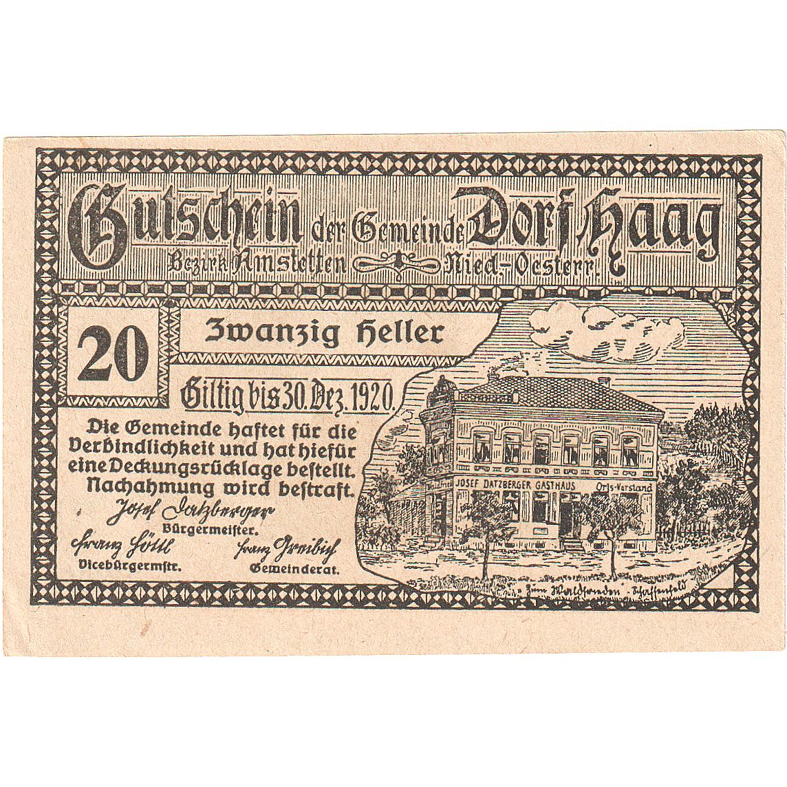 Austria, Dorf Haag, 20 Heller, auberge, 1920, 1920-12-30, SC, Mehl:FS 317a
