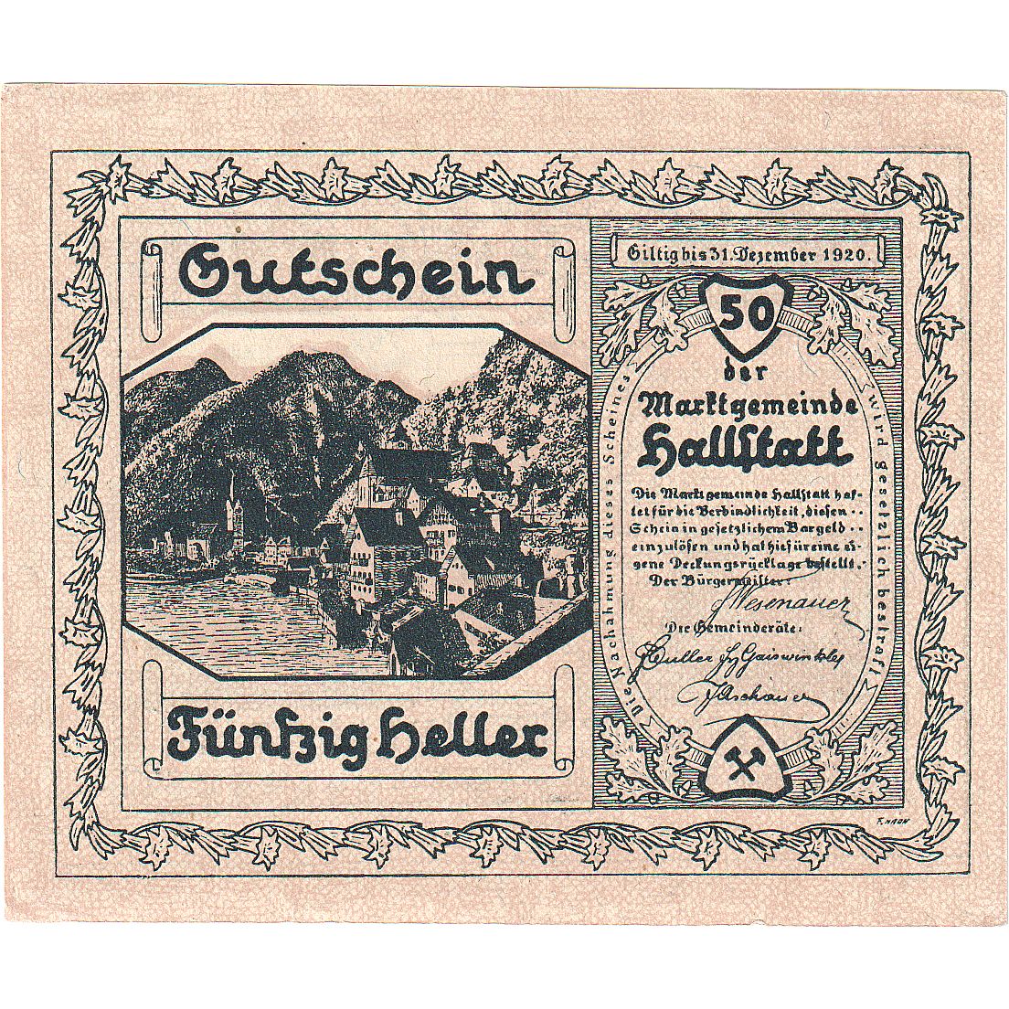 Autriche, Hallstatt, 50 Heller, Blason, 1920, 1920-12-31, SPL, Mehl:FS 345