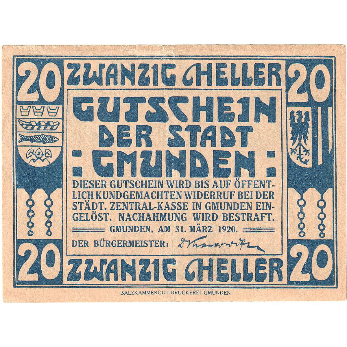 Autriche, Gmunden, 20 Heller, Blason, 1920, 1920-03-31, SUP, Mehl:FS 240IIa