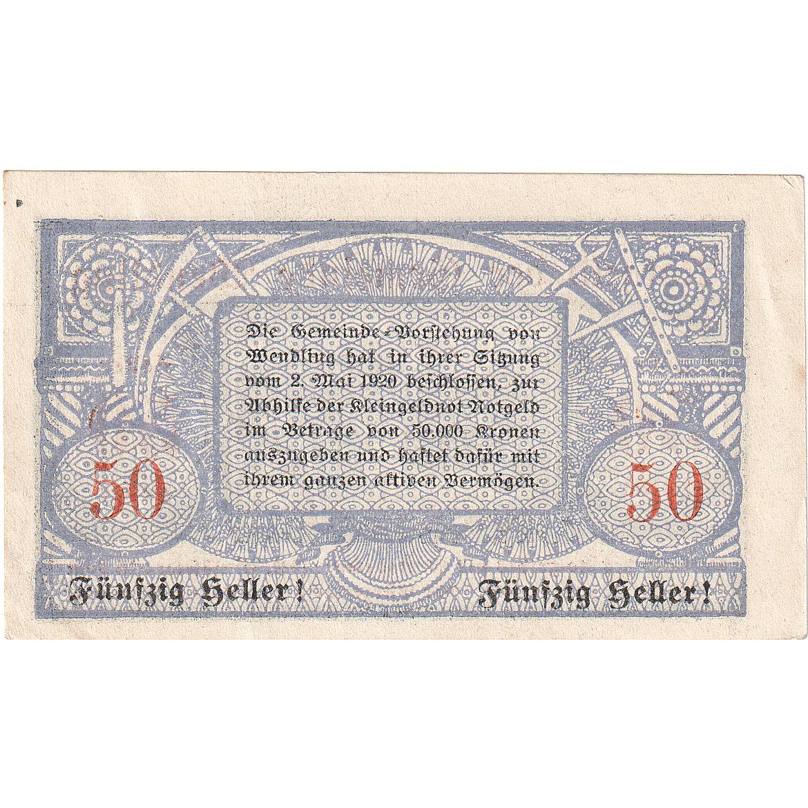 Autriche, Wendling, 50 Heller, village, 1920, 1920-12-15, SPL, Mehl:FS 1170a