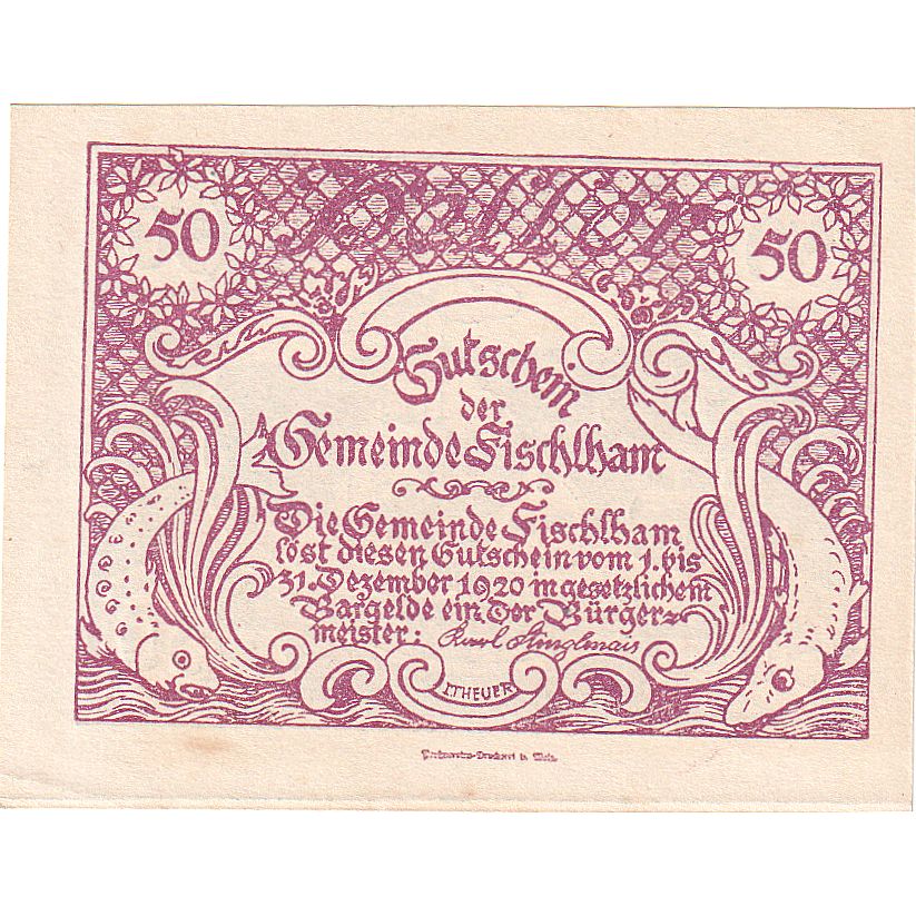 Autriche, Fischlham, 50 Heller, Eglise, 1920, 1920-12-31, SPL, Mehl:FS 203I