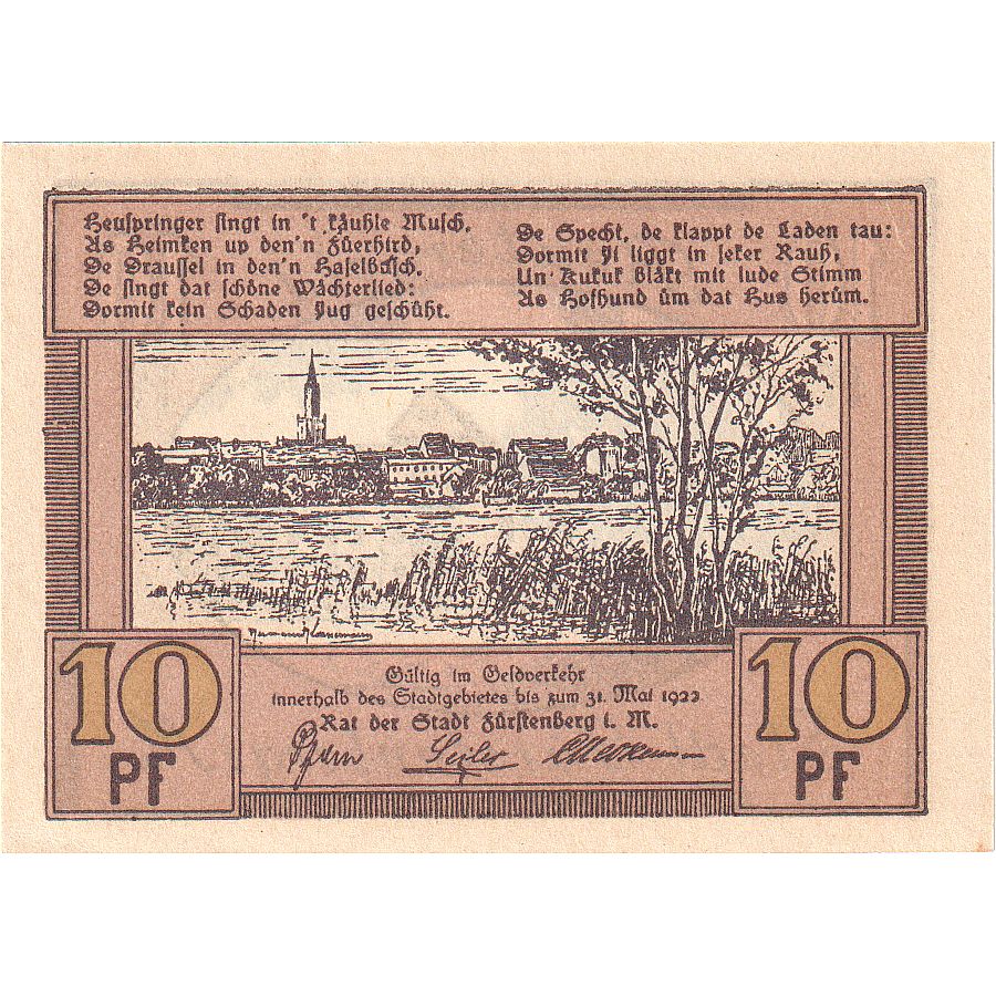 Österreich, Furstenberg in Meckl, 10 Pfennig, 1922-05-31, UNZ- Mehl:FS 402.15
