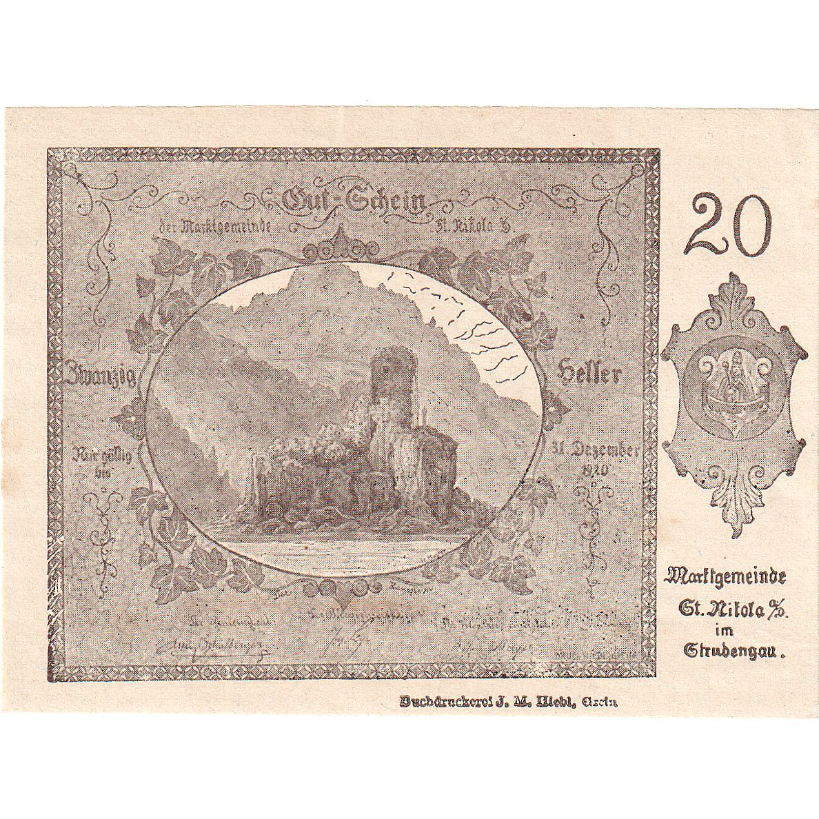 Autriche, St Nikola, 20 Heller, ruine, 1920, 1920-12-31, SPL, Mehl:FS 914Ia