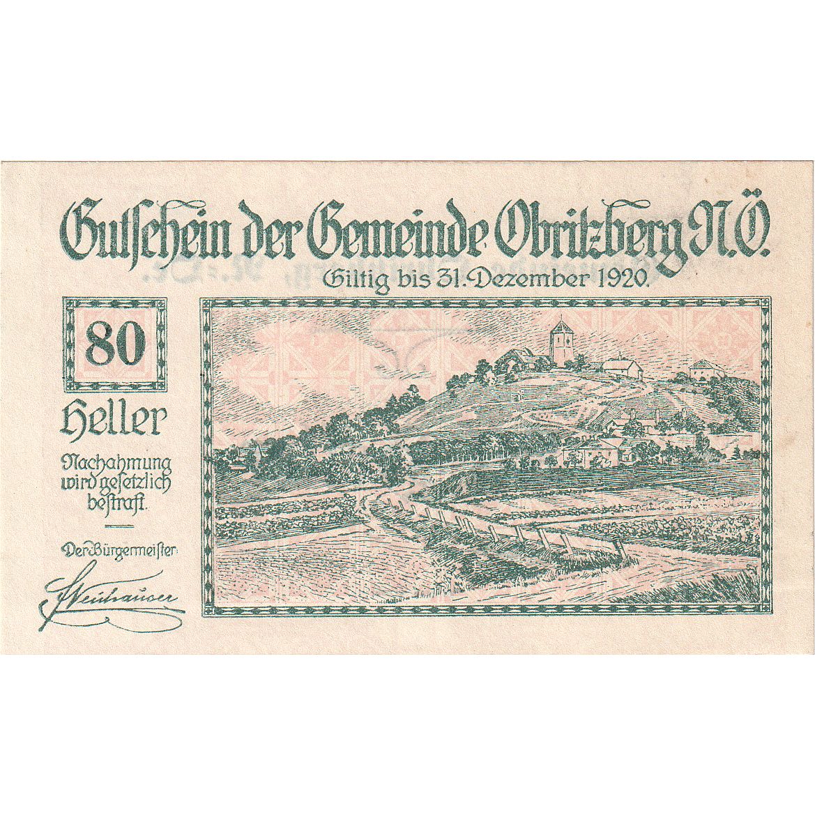 Österreich, Obritzberg, 80 Heller, paysage 1920-12-31, UNZ-, Mehl:FS 701a