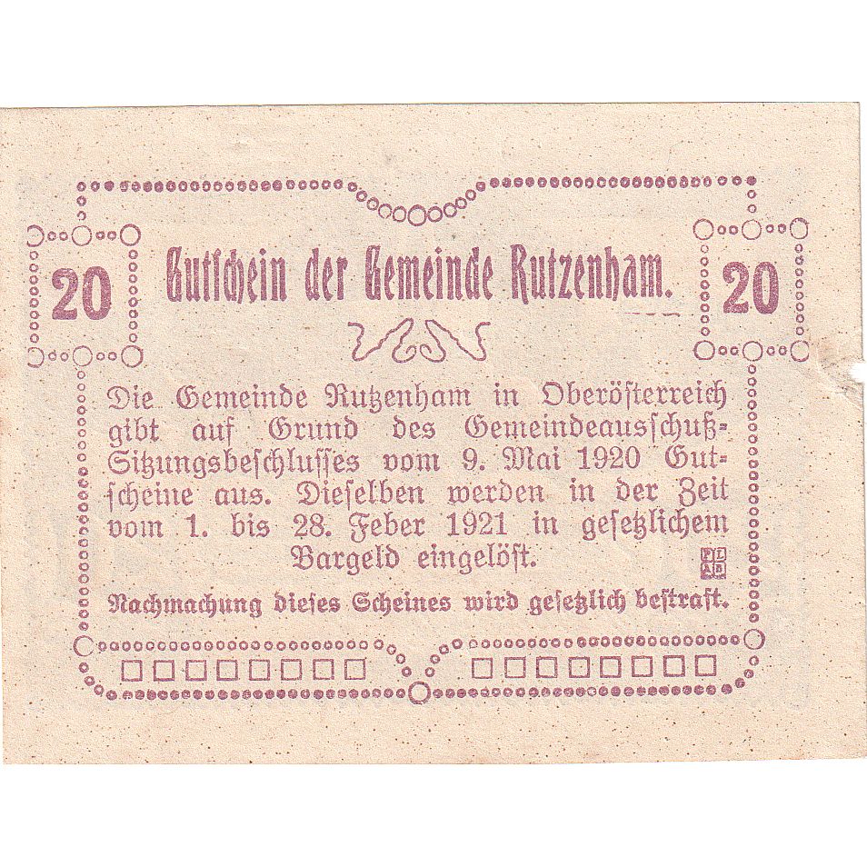 Autriche, Rutzenham, 20 Heller, Eglise, 1921, 1921-02-28, SUP, Mehl:FS 858Ib