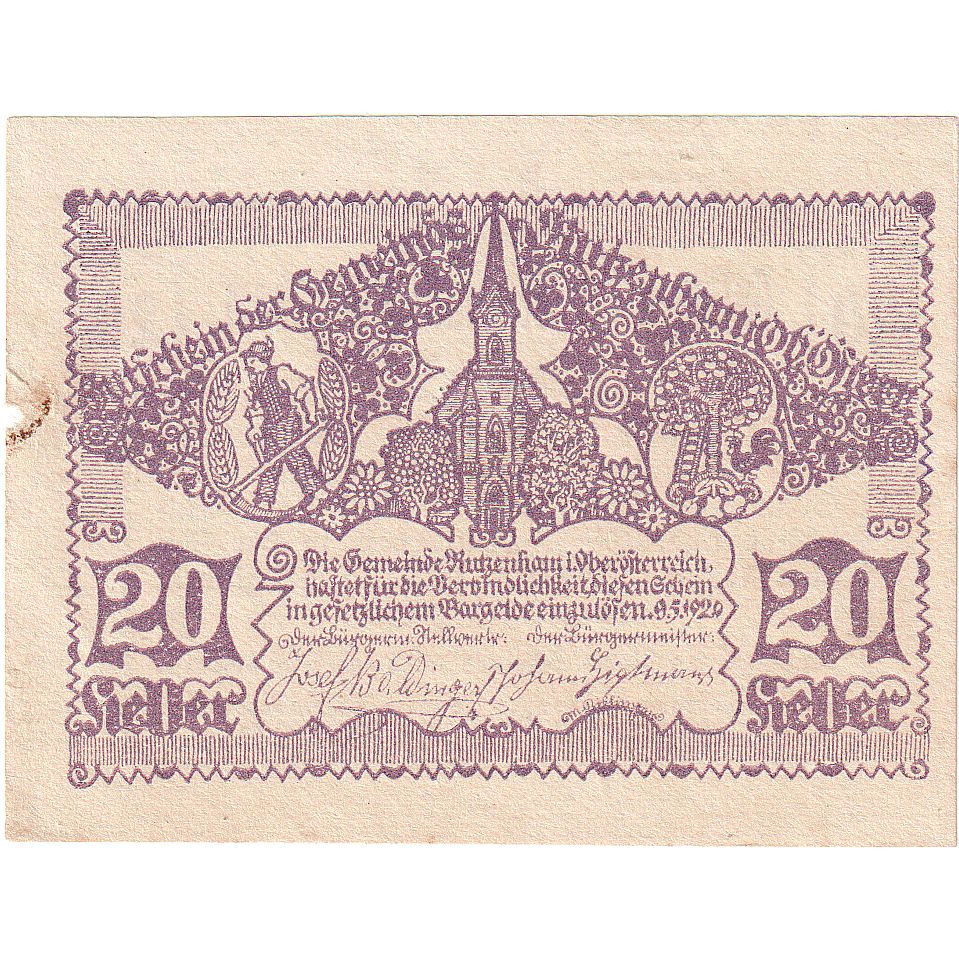 Autriche, Rutzenham, 20 Heller, Eglise, 1921, 1921-02-28, SUP, Mehl:FS 858Ib