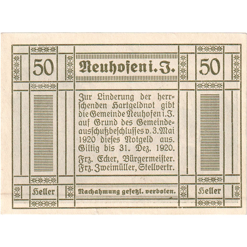 Austria, Neuhofen, 50 Heller, Eglise, 1920, 1920-12-31, UNC(63), Mehl:FS 652IIa