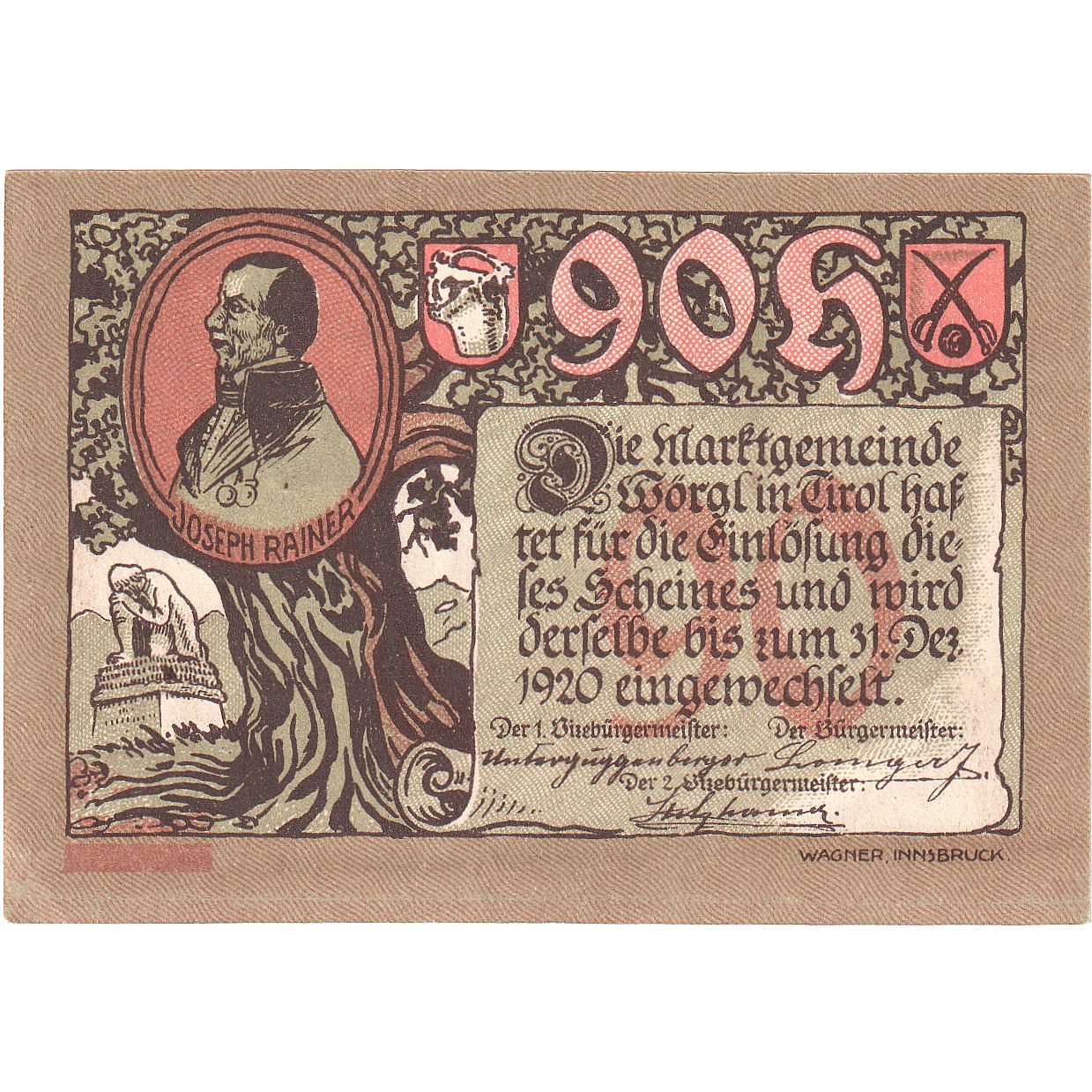 Austria, Worgl, 90 Heller, portrait, 1920, 1920-12-31, UNC(63), Mehl:FS 1252a