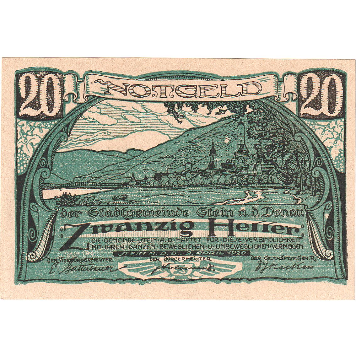 Autriche, Stein an der Donau, 20 Heller, paysage 1920-09-30, SPL Mehl:FS 1015I.3