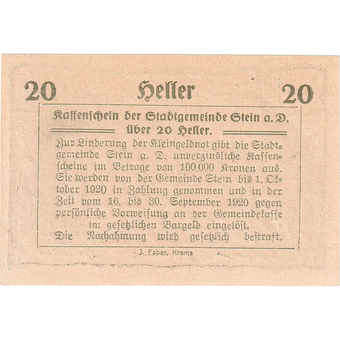 Autriche, Stein an der Donau, 20 Heller, paysage 1920-09-30, SPL Mehl:FS 1015I.3