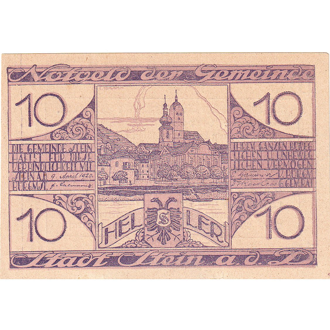 Autriche, Stein an der Donau, 10 Heller, village, 1920 SPL, Mehl:FS 1015I.4