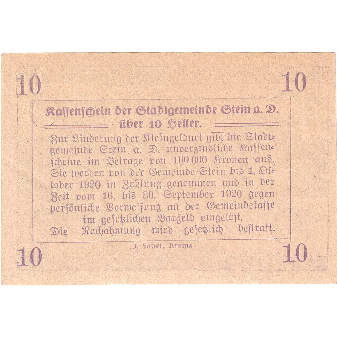 Autriche, Stein an der Donau, 10 Heller, village, 1920 SPL, Mehl:FS 1015I.4
